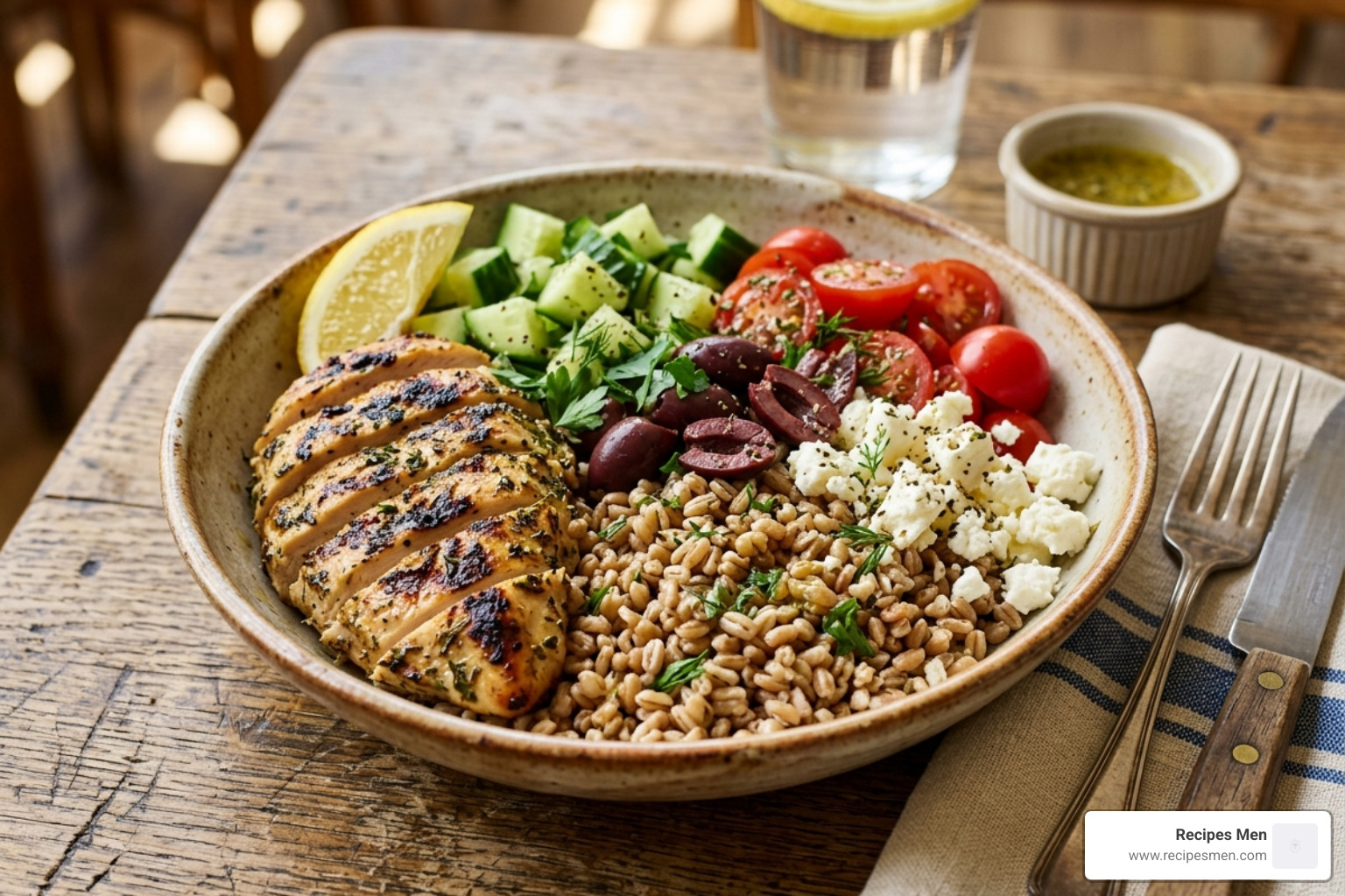 Greek chicken grain bowl with farro and cucumbers - quick yummy lunch ideas
