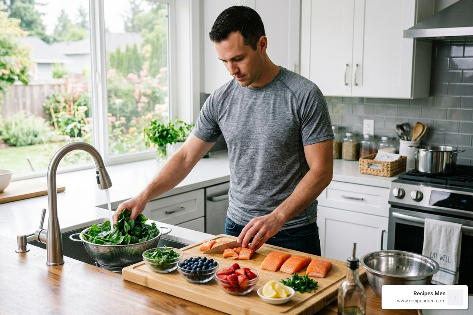 Man preparing a recovery meal with fresh salmon, leafy greens, and colorful berries - best foods for sore muscles
