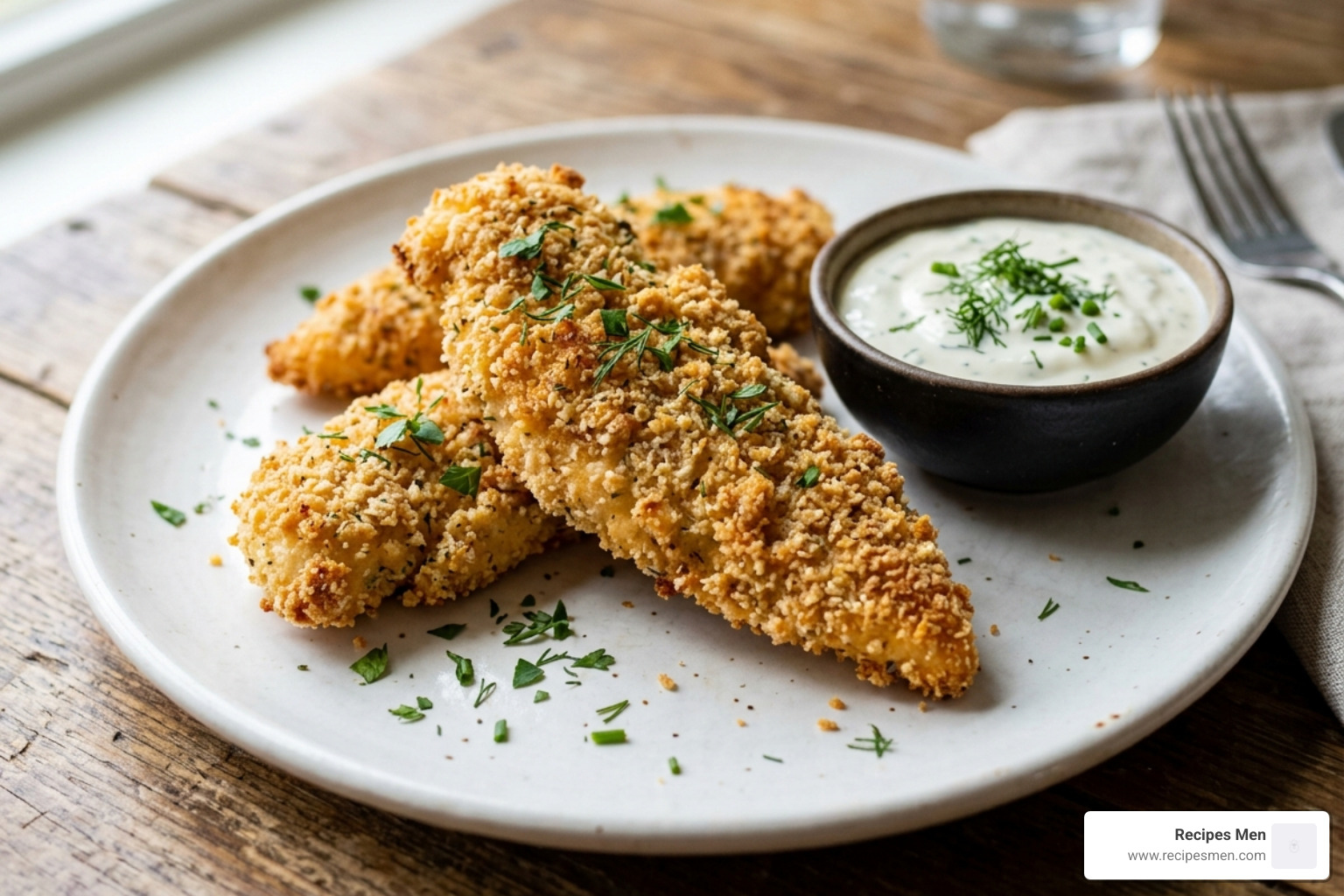 golden almond-flour-crusted chicken tenders with a side of dipping sauce - air fryer recipes for weight loss