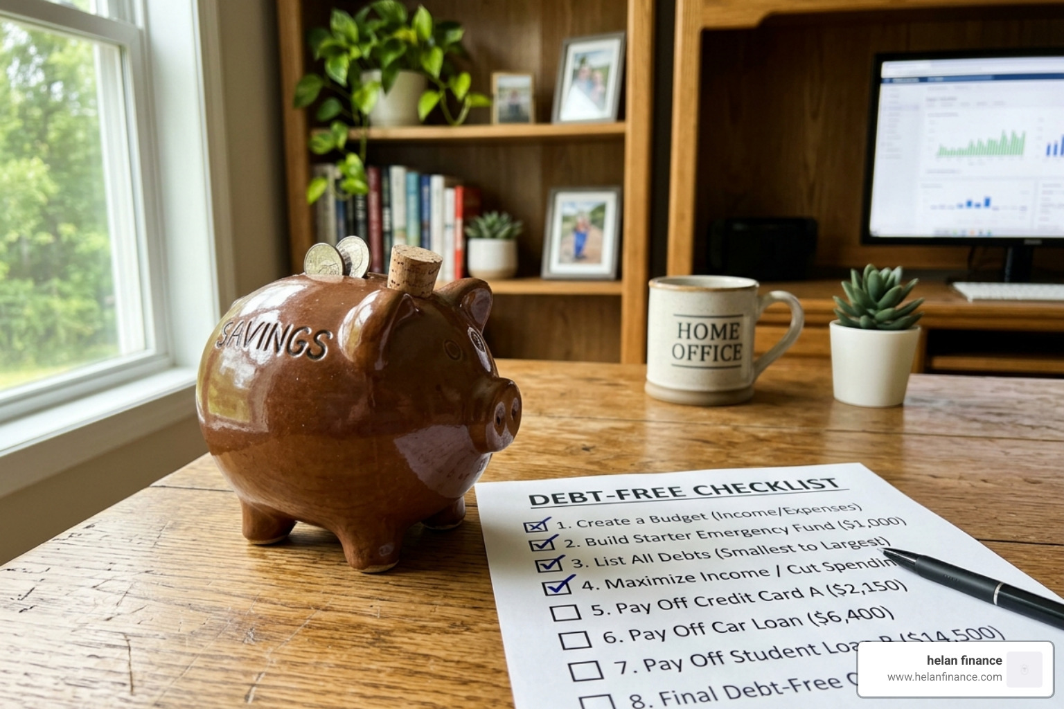 piggy bank next to a debt-free checklist - i need help budgeting