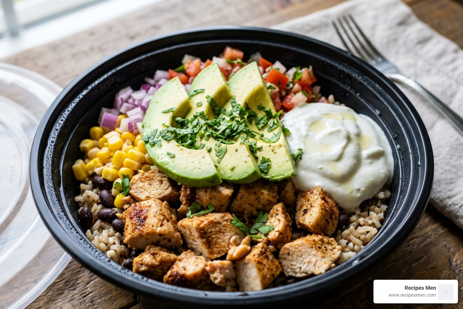 High-protein chicken burrito bowl topped with fresh avocado, cilantro, and a dollop of Greek yogurt crema - healthy tasty