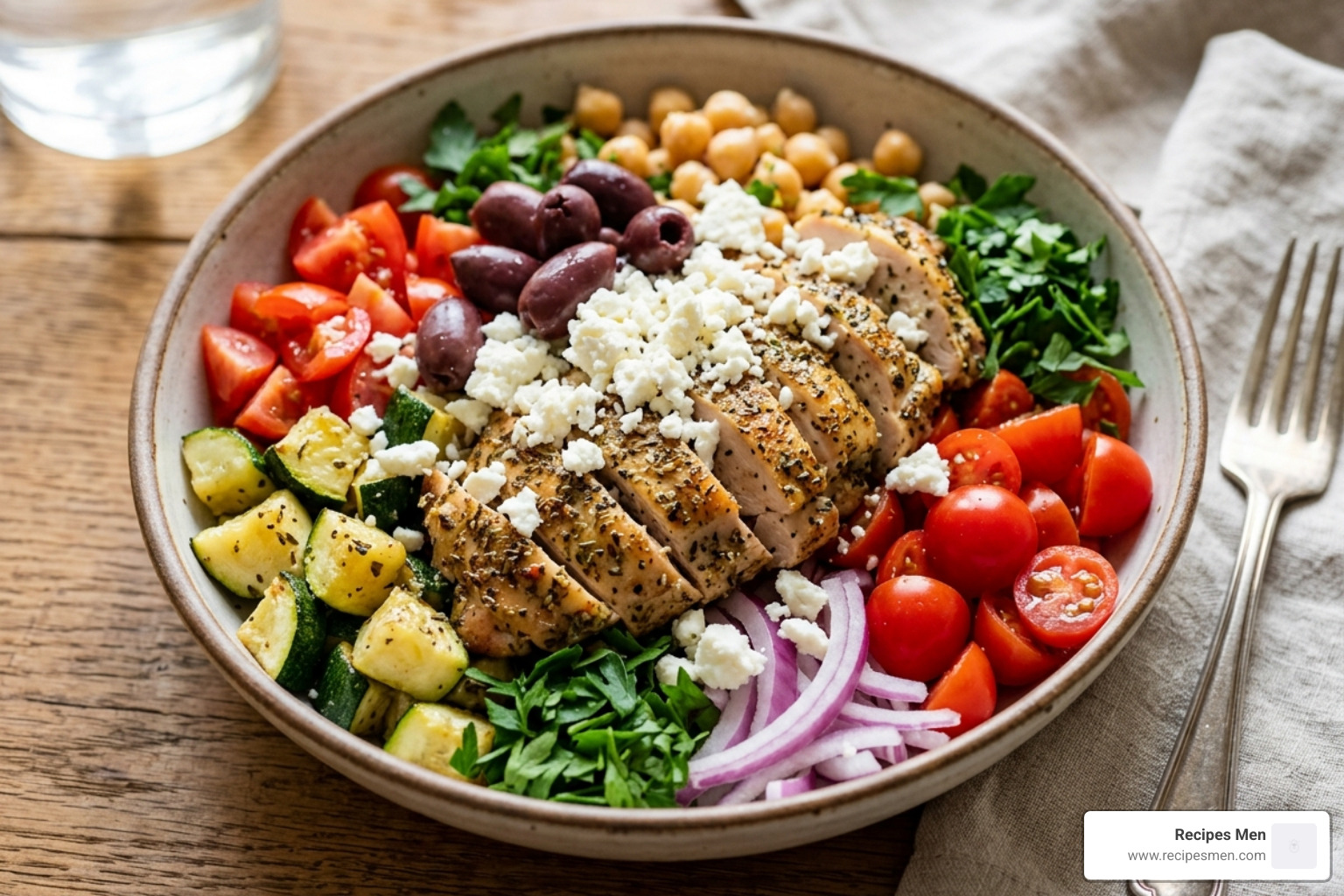 a perfectly seasoned Greek chicken bowl with feta and olives - air fryer recipes for weight loss