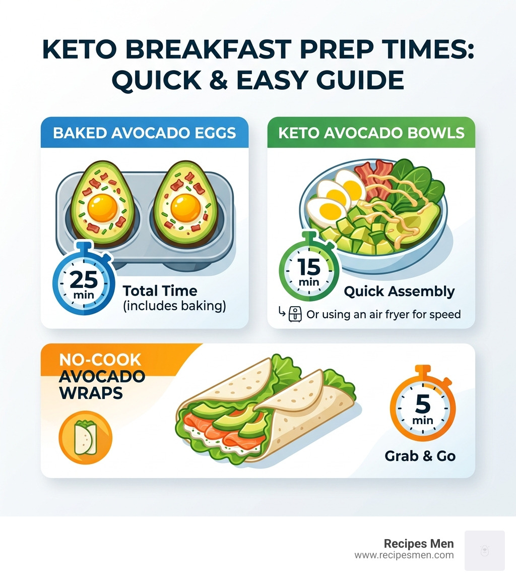 Table comparing keto breakfast prep times: Baked Eggs (25 min), Bowls (15 min), No-cook wraps (5 min) - keto avocado