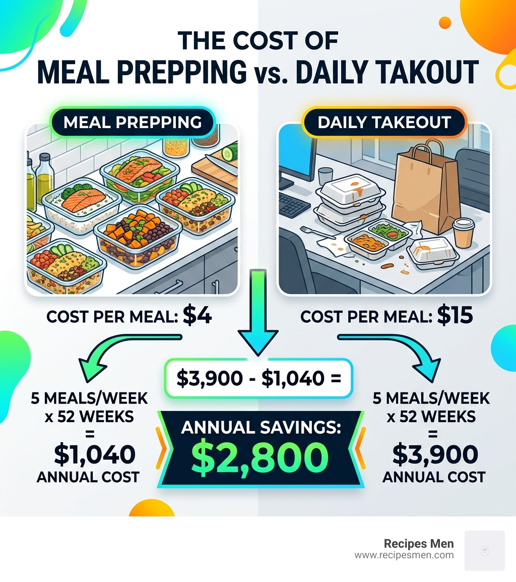 Table comparing the cost of meal prepping at $4 per meal vs. daily takeout at $15 per meal, showing $2,800 annual savings
