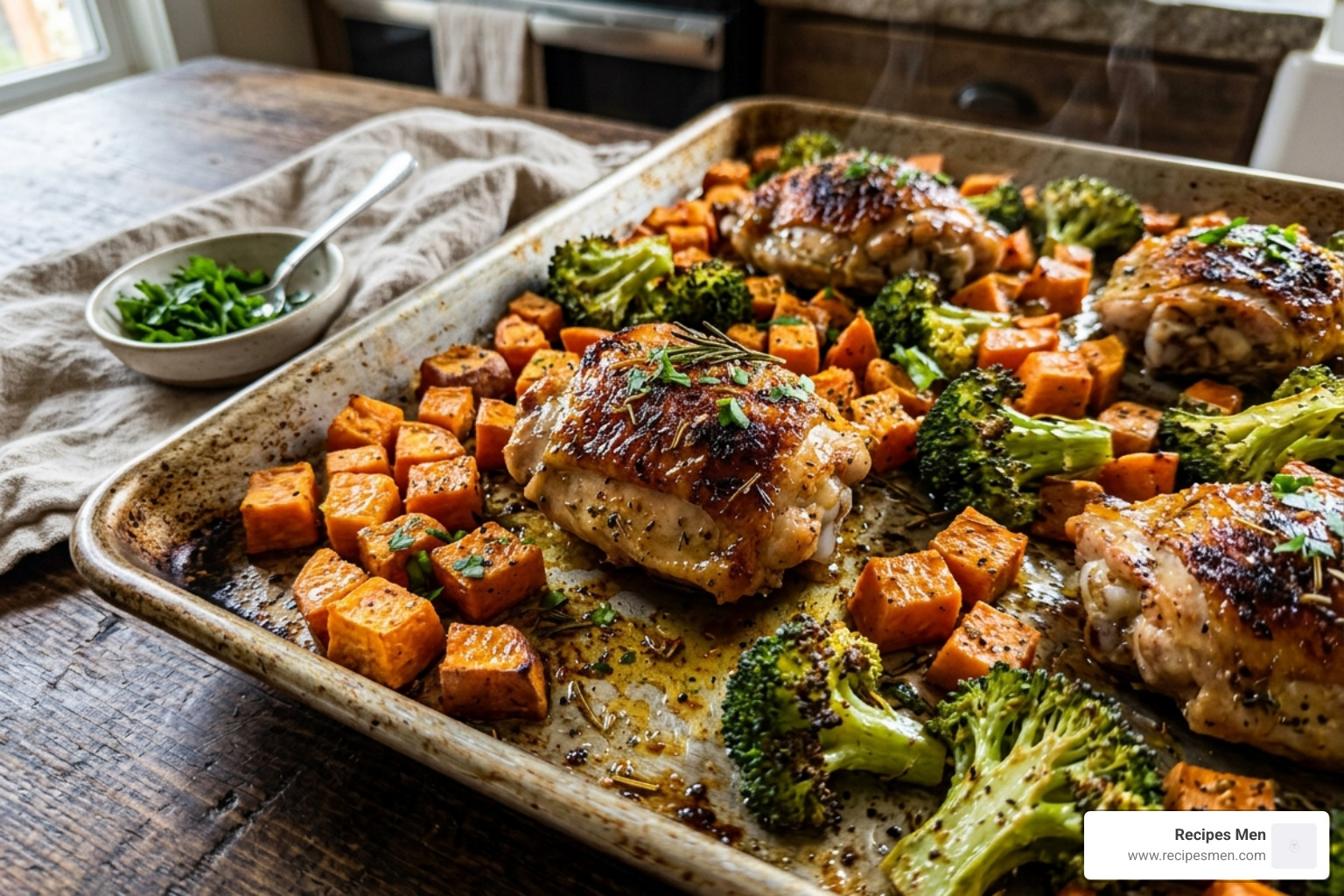 Sheet pan with roasted chicken thighs, diced sweet potatoes, and broccoli florets glistening with olive oil and spices