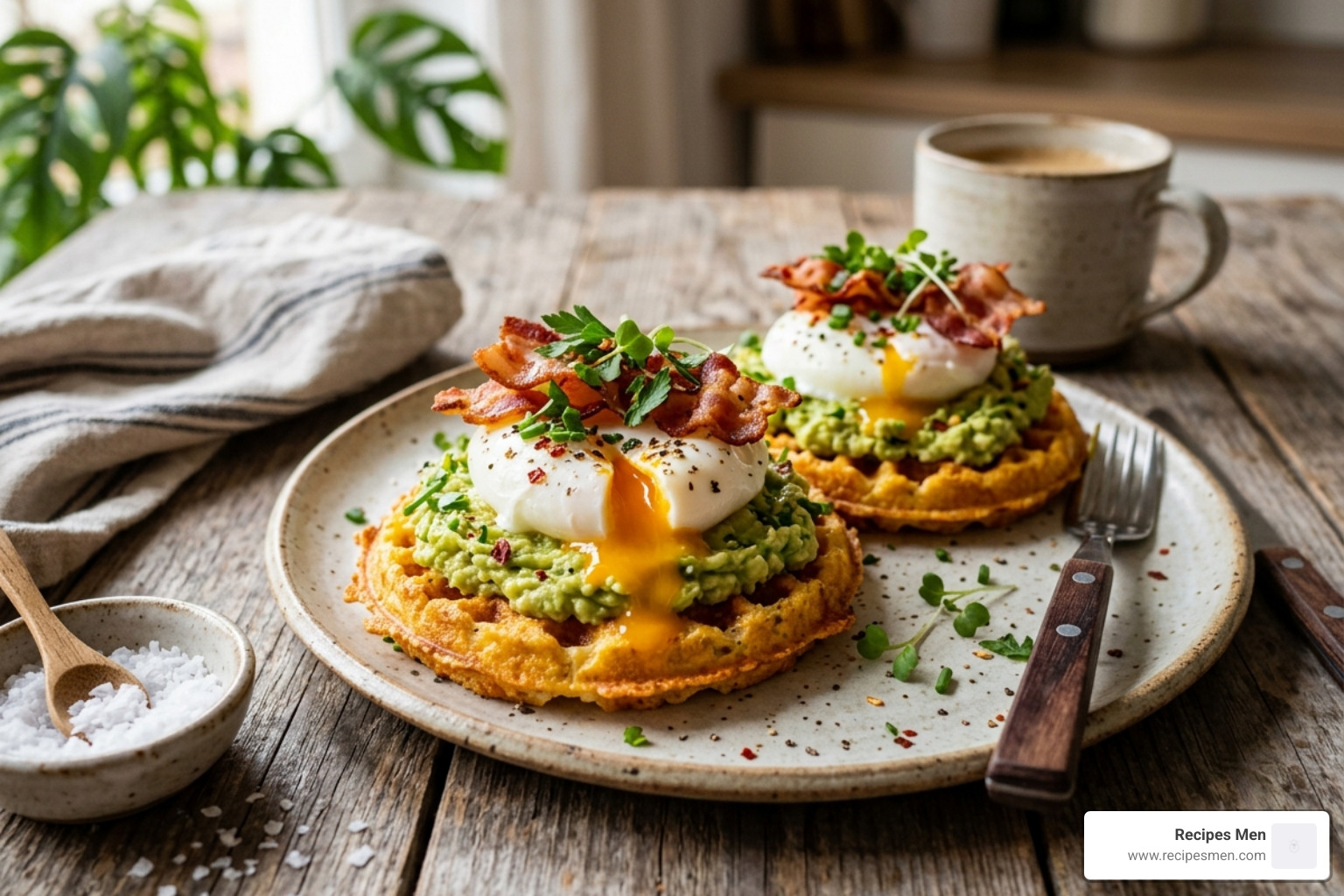 keto avocado toast on a chaffle base with poached eggs and bacon - keto avocado breakfast ideas