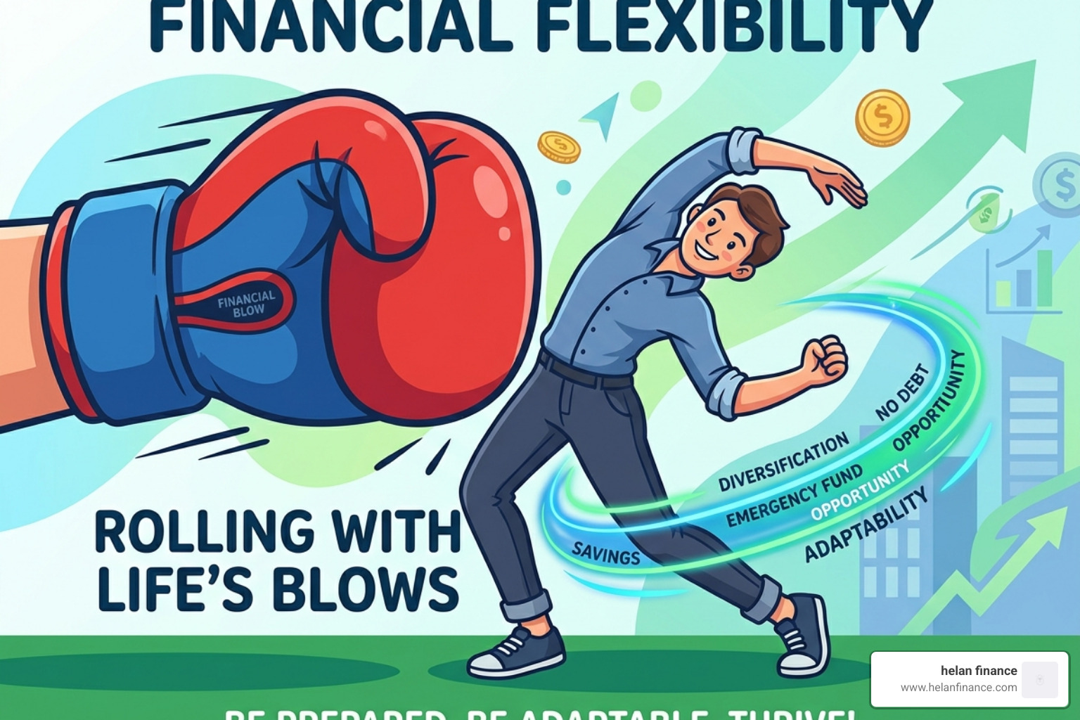 cartoon of a person rolling with a giant punch to represent financial flexibility - budget challenge starter guide