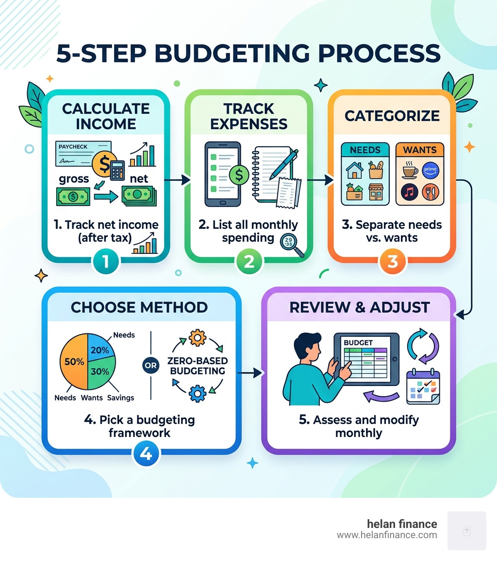5-step budgeting process infographic: income, expenses, categorize, method, review - i need help budgeting infographic 