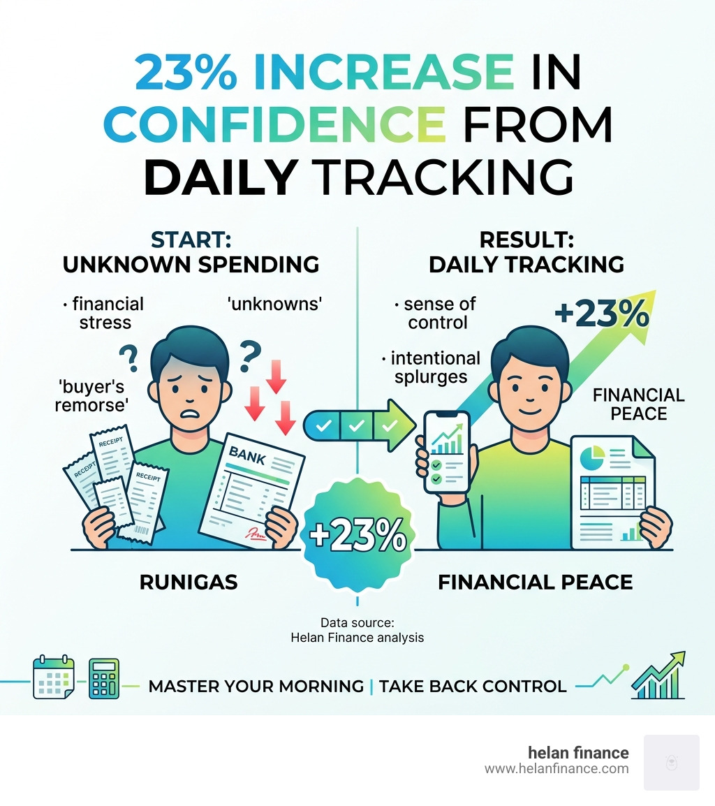 Infographic: 23% increase in confidence from daily tracking - mindful spending habits infographic 