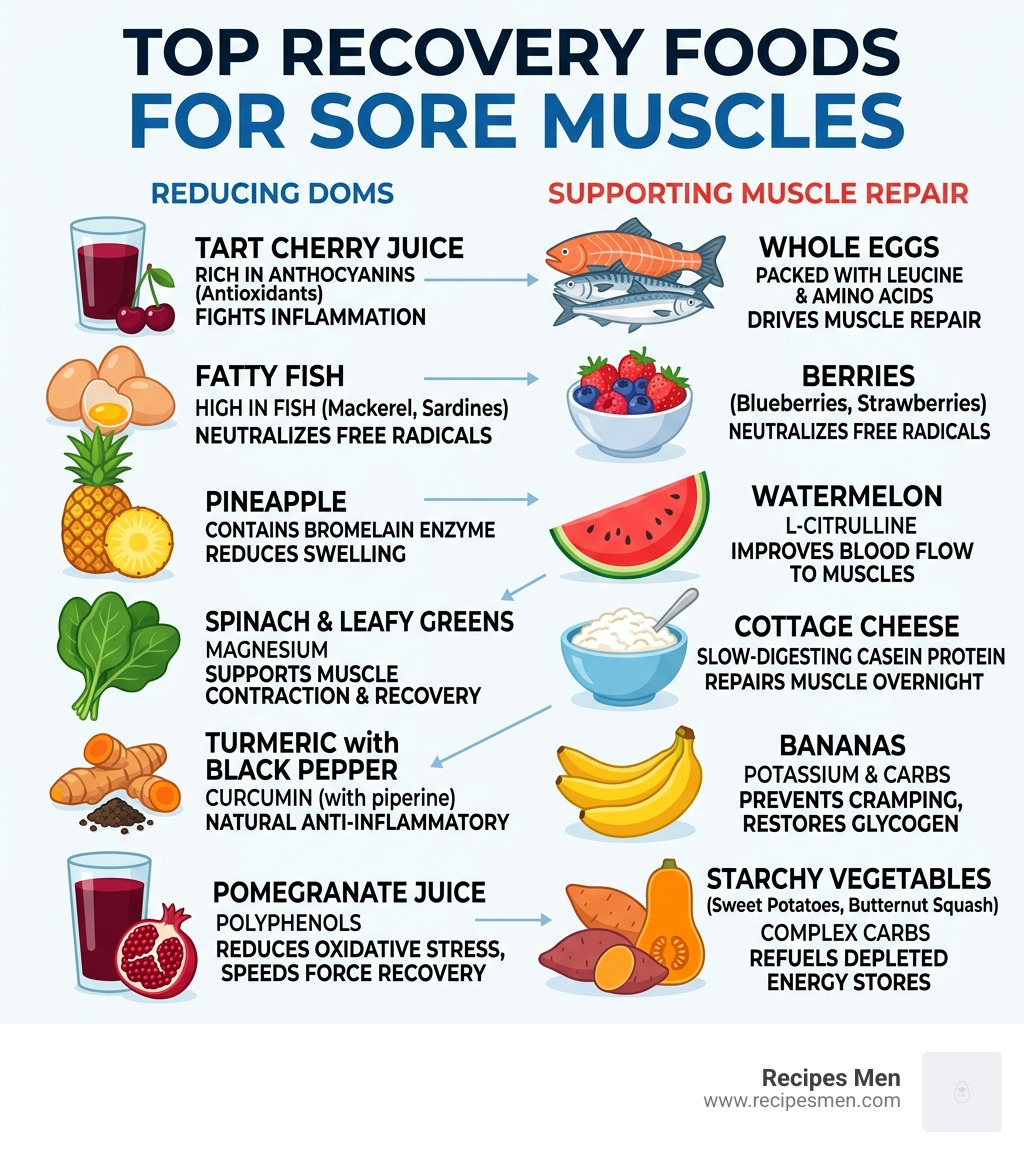 Infographic showing top recovery foods, key nutrients, and how they reduce DOMS and support muscle repair - best foods for