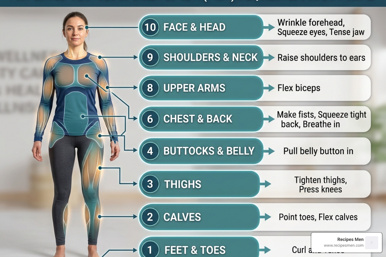 Image showing the sequence of muscle groups from toes to head - progressive muscle relaxation technique