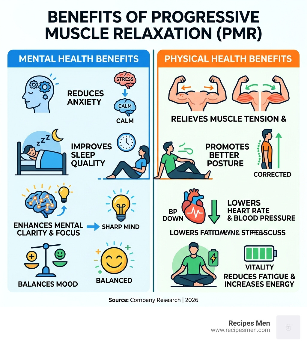Table comparing mental and physical health benefits of PMR - progressive muscle relaxation technique infographic 