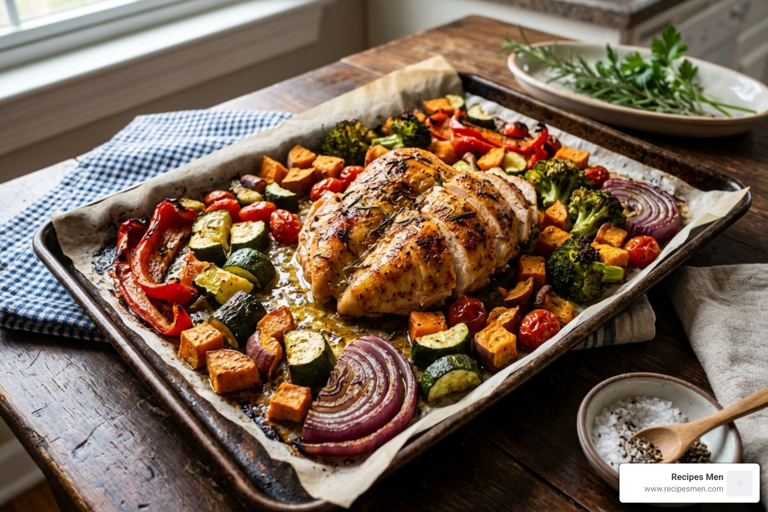 A sheet pan meal with chicken breast and a rainbow of roasted vegetables like bell peppers, zucchini, and red onion - clean