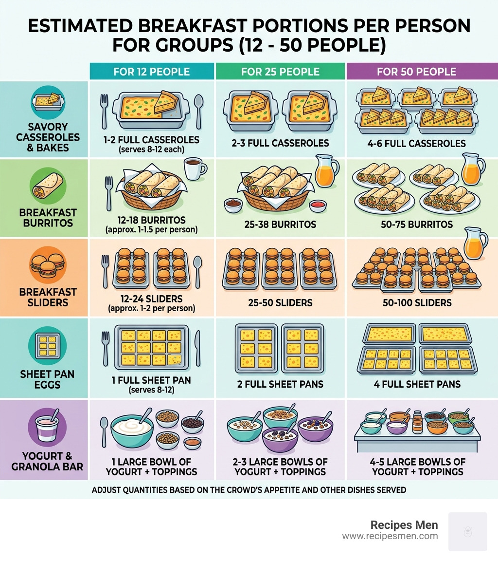 Breakfast portion sizes per person for groups of 12 to 50 people - easy breakfast ideas for a crowd infographic 