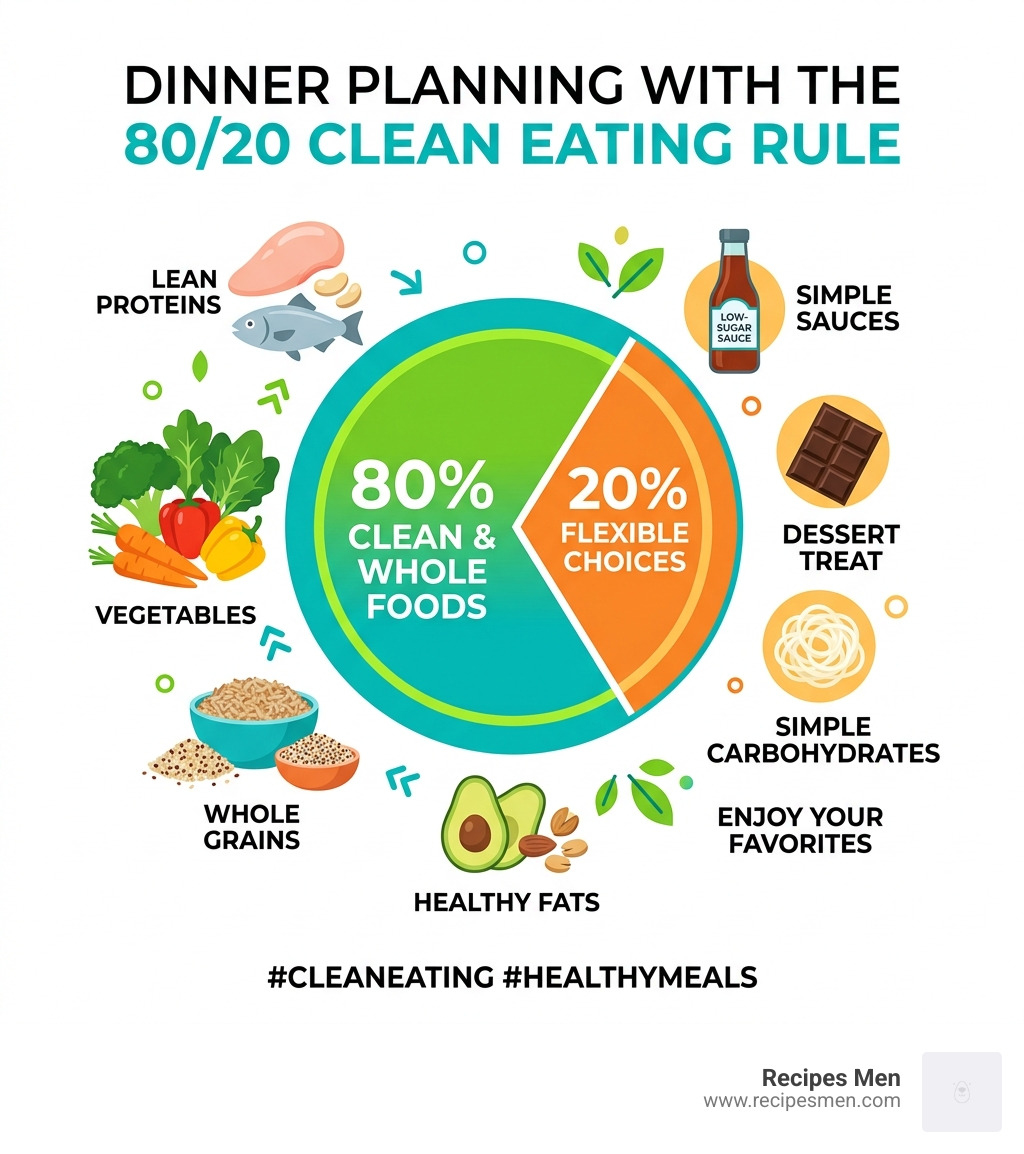 Infographic showing the 80/20 clean eating rule for dinner planning with whole food examples - clean eating dinners