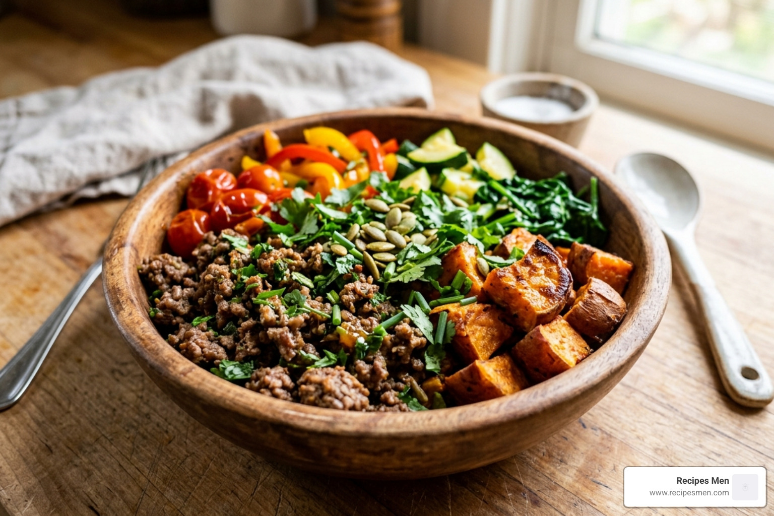 A high-protein beef bowl featuring grass-fed ground beef and roasted sweet potatoes - clean eating dinners