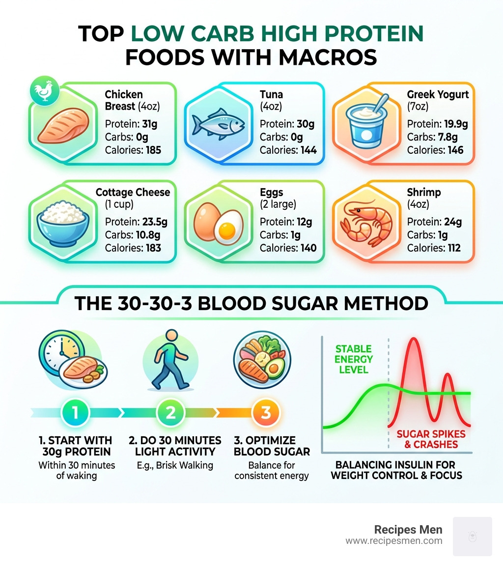 infographic showing top low carb high protein foods with macros and the 30-30-3 blood sugar method - low carb high protein