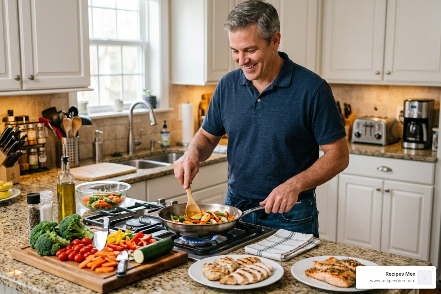 Man preparing a meal with a variety of colorful vegetables and lean protein sources - daily nutritional requirements for