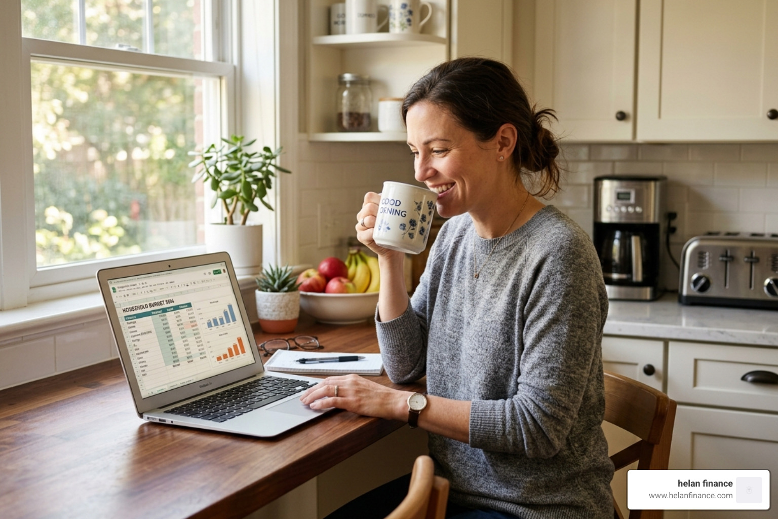 A person enjoying morning coffee while reviewing a budget spreadsheet on a laptop - daily money organization routines
