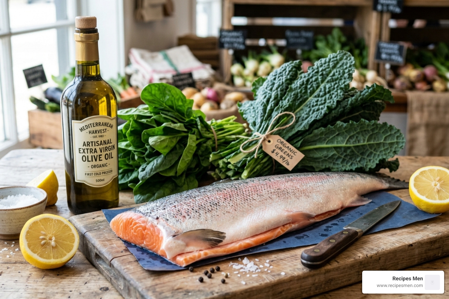 Fresh Mediterranean ingredients like olive oil, salmon, and leafy greens - depression meal plan