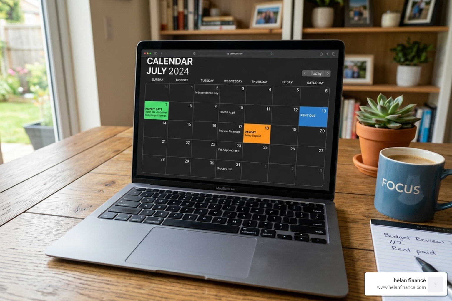 A digital calendar showing a "Money Date" and "Payday" highlighted for organization - daily money organization routines