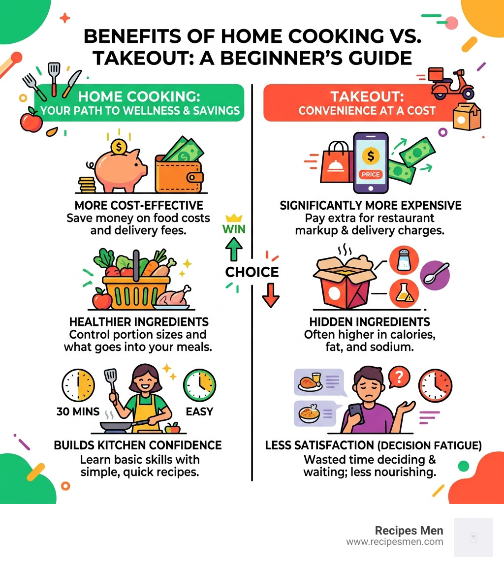 Benefits of home cooking vs. takeout for beginners infographic - dinner recipes for beginners infographic 