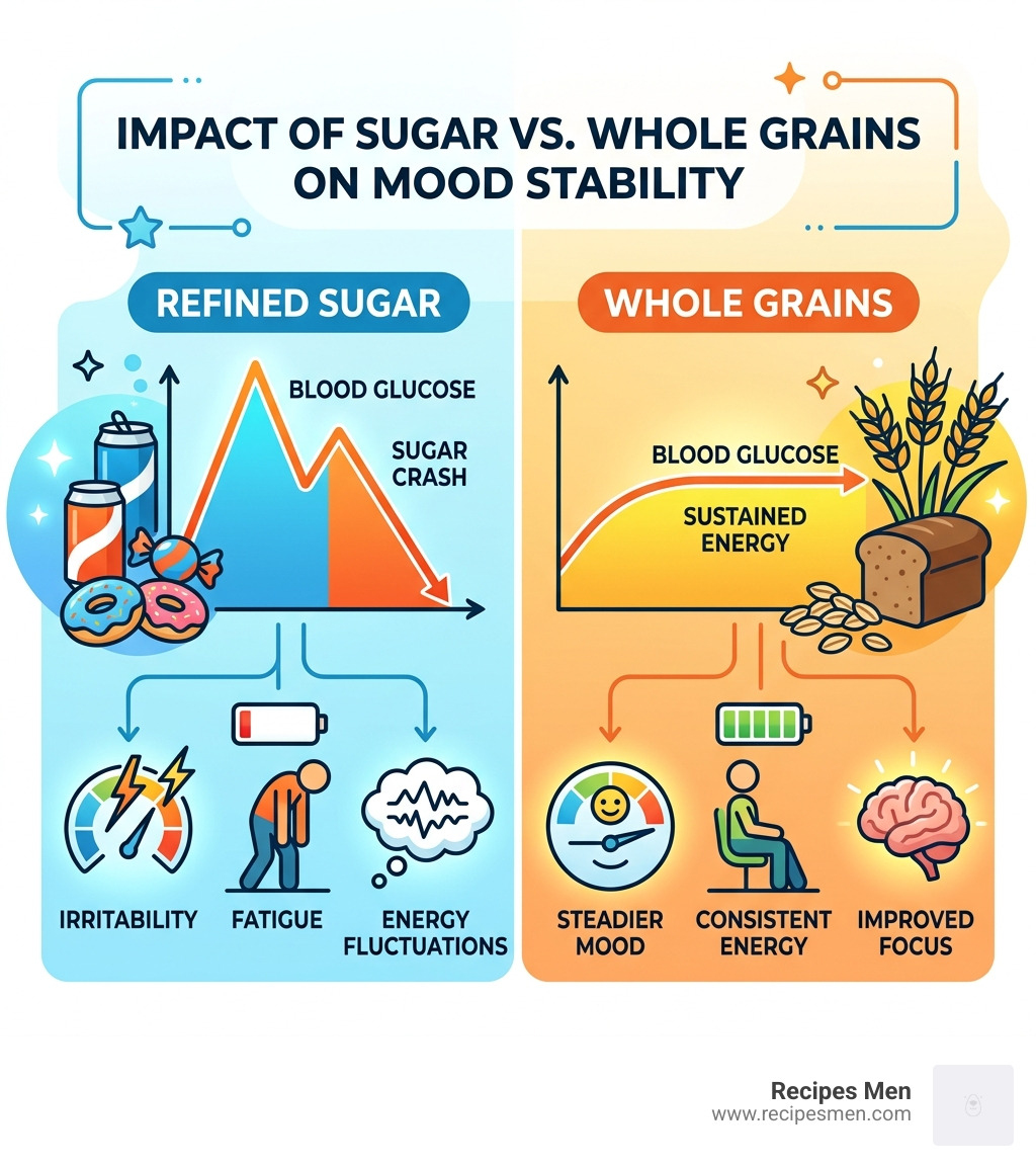 Infographic showing the impact of sugar on mood stability vs whole grains - depression meal plan infographic 