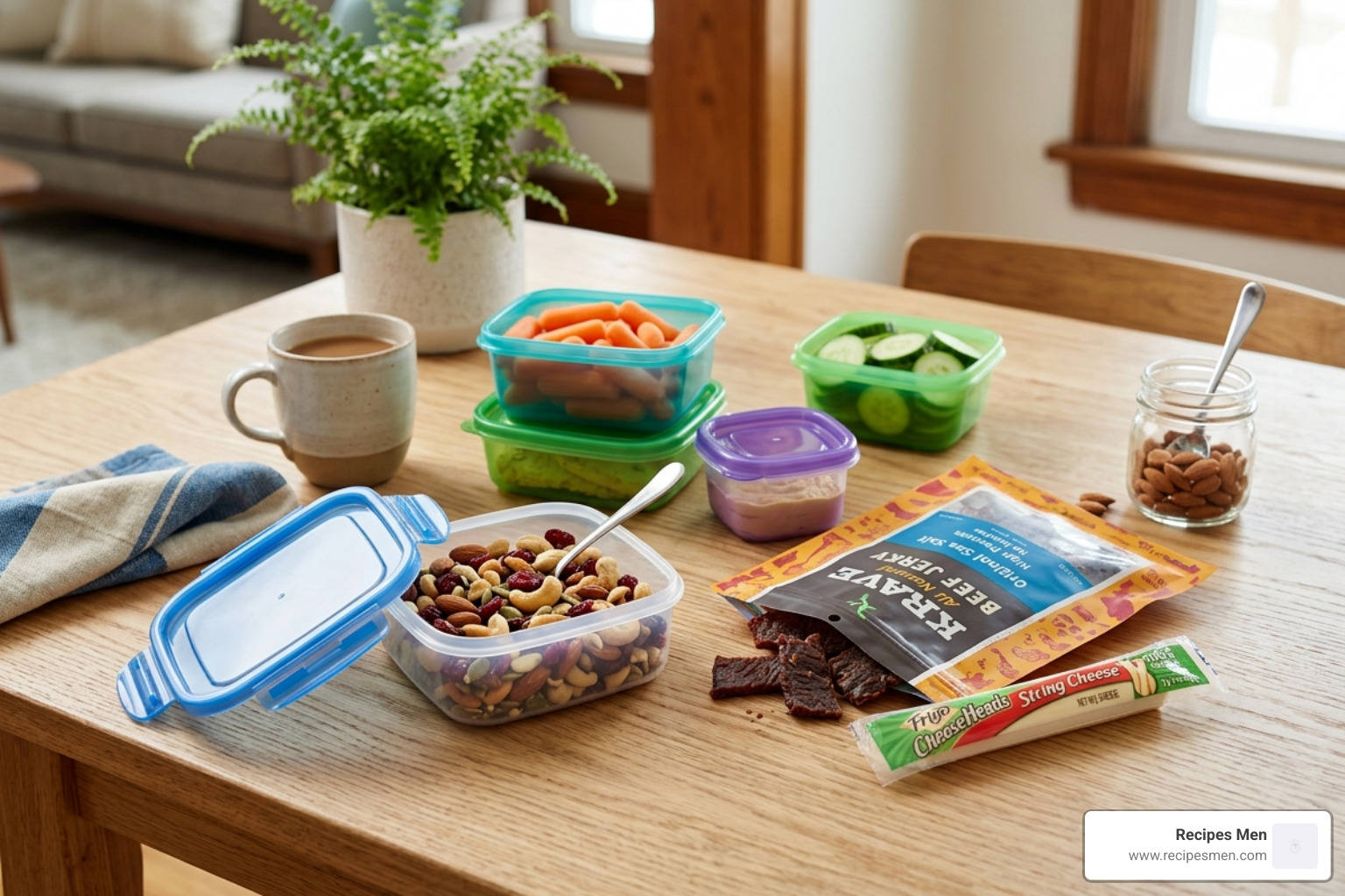 portable containers with jerky and string cheese - quick high protein snacks