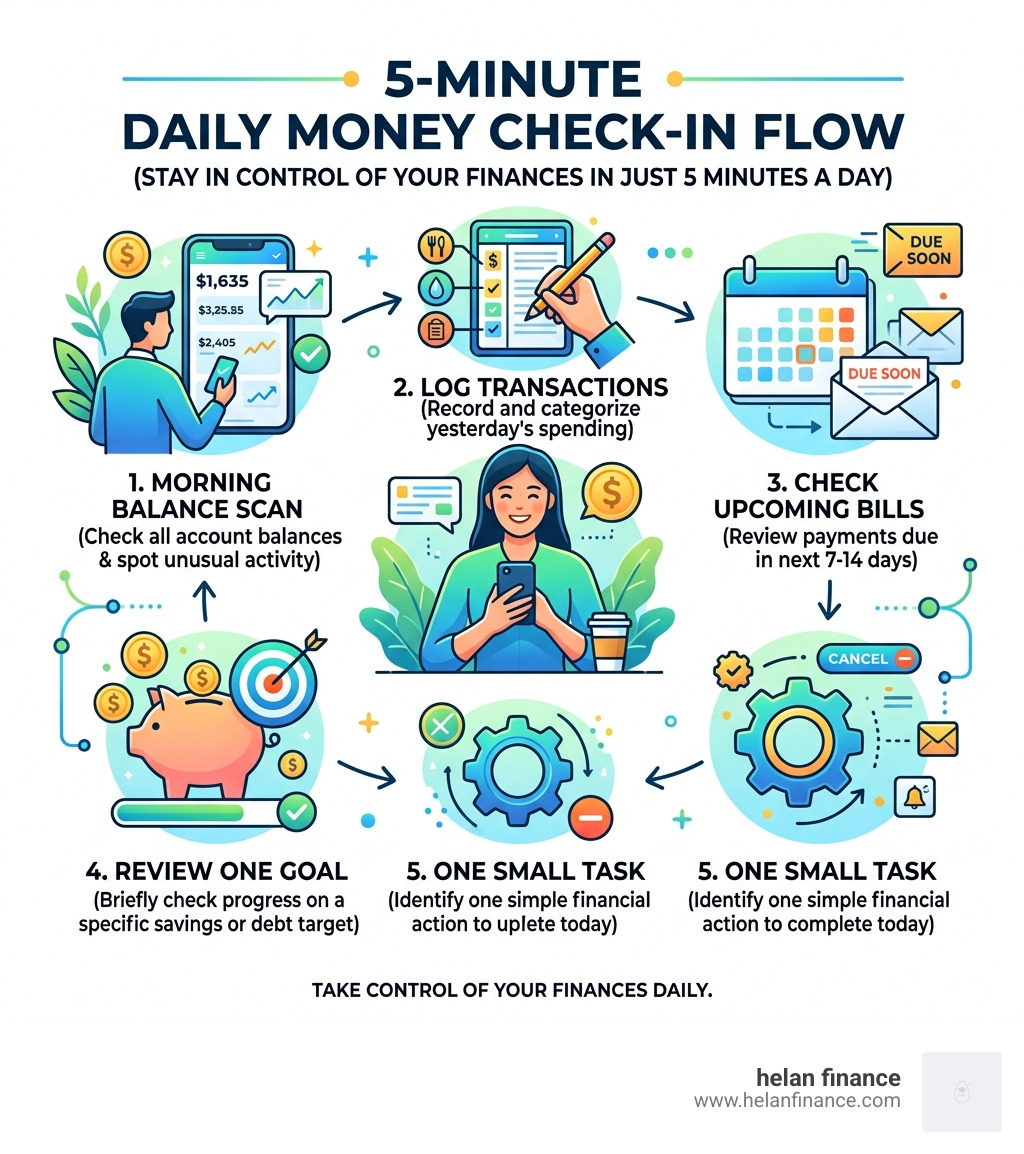5-minute daily money check-in flow: balance scan, log transactions, check bills, review goal, one task - daily money