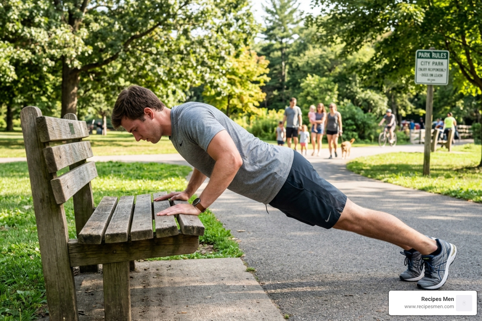 A beginner performing incline push-ups against a park bench with perfect form - bodyweight calisthenics routine