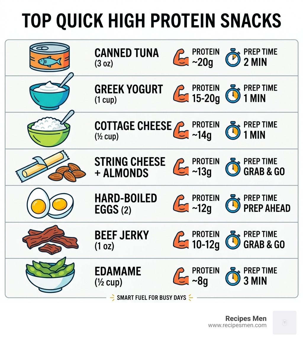infographic showing top quick high protein snacks with protein grams and prep time - quick high protein snacks infographic 