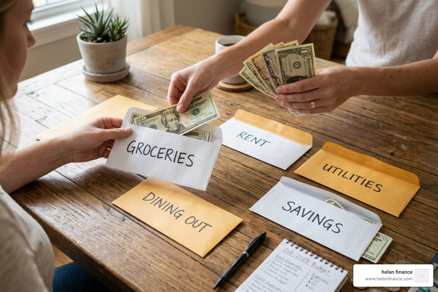 The envelope system showing cash being sorted into labeled envelopes - build personal budgeting exercises