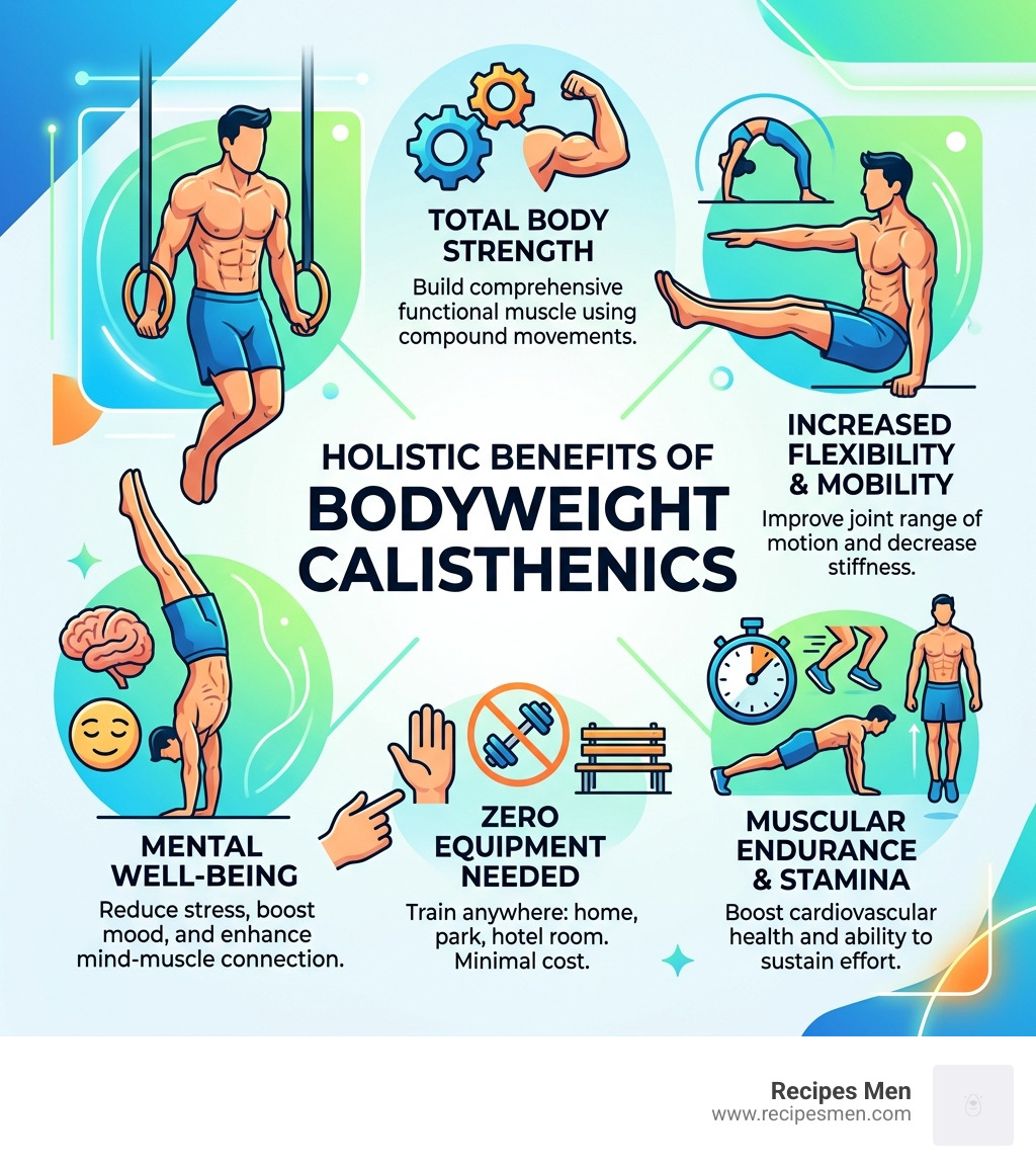 Infographic showing holistic benefits of bodyweight calisthenics training including strength, flexibility, endurance, mental