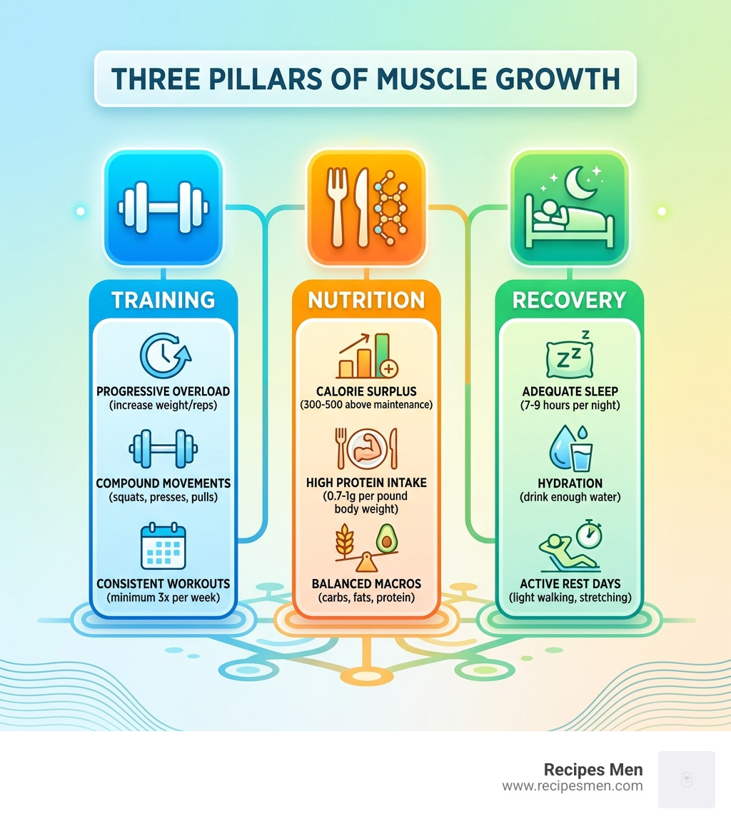 Three pillars of muscle growth: Training, Nutrition, and Recovery with key actions for each - simple diet for gaining muscle