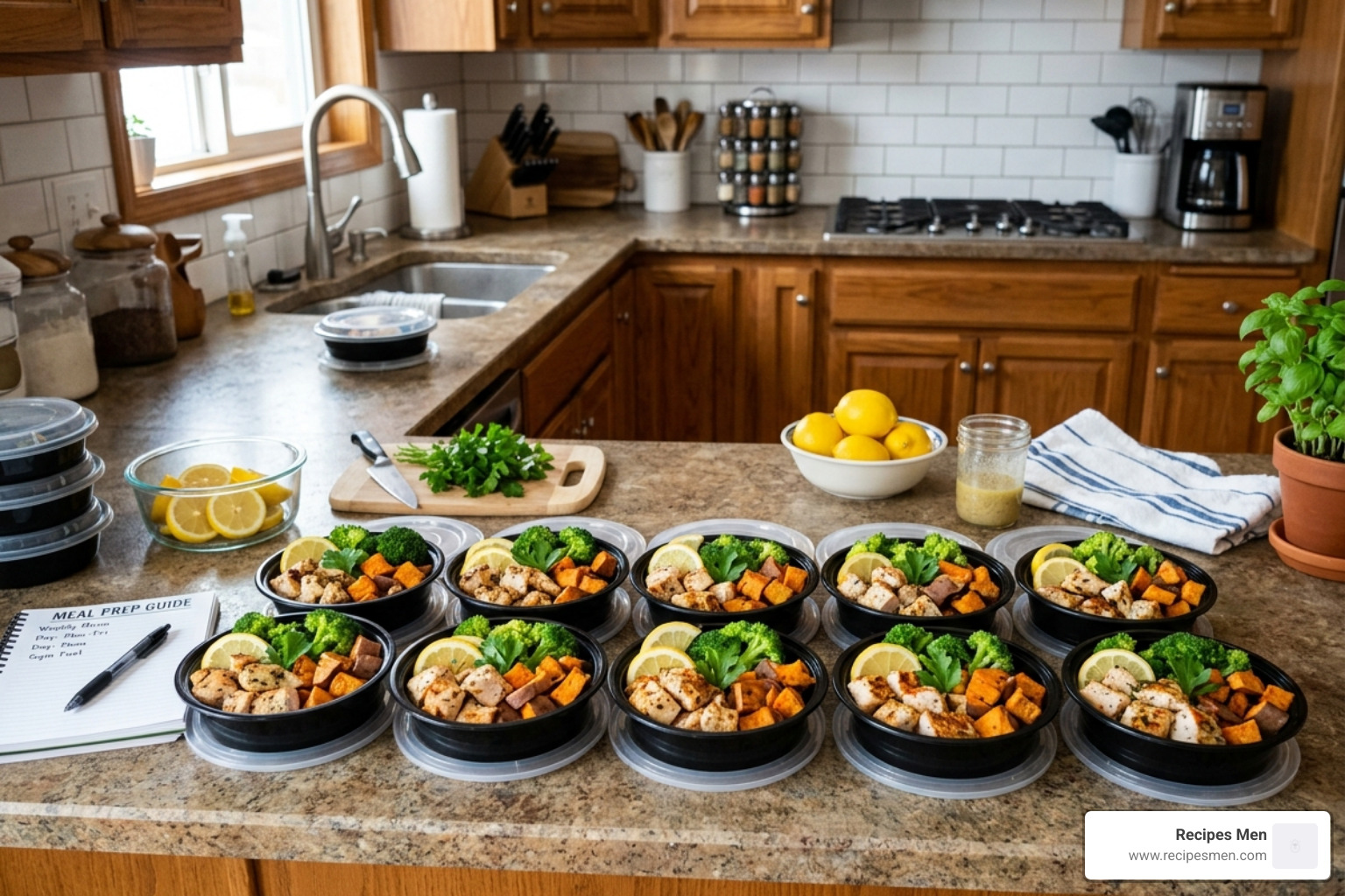 A vibrant spread of chicken and sweet potato power bowls ready for the week - gym meal prep ideas