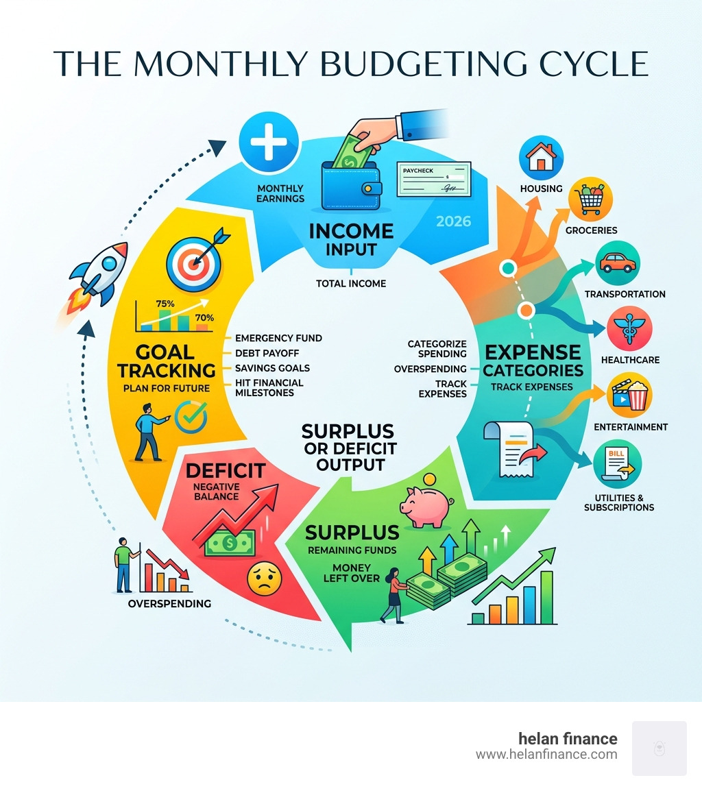 monthly budgeting cycle infographic showing income input, expense categories, surplus or deficit output, and goal tracking