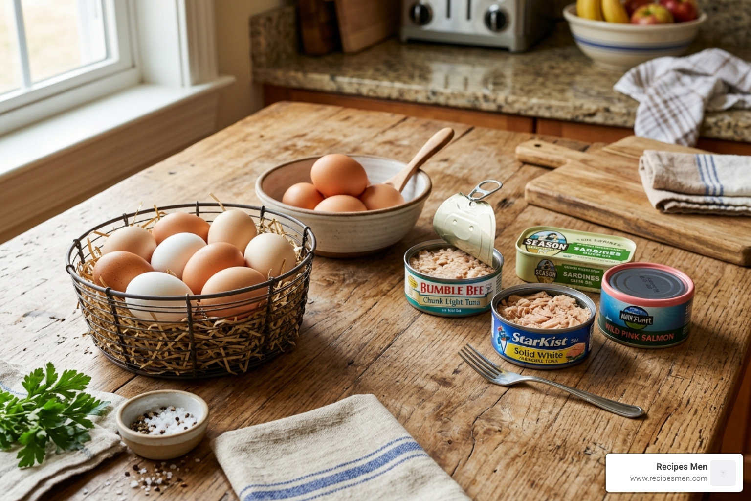 eggs and canned seafood on a wooden table - budget protein foods