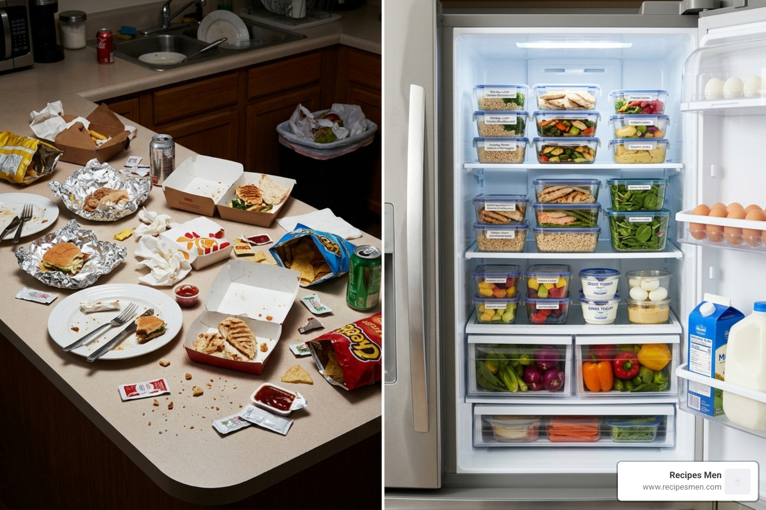 A visual representation of the transformation from a chaotic eater to a consistent meal prepper - gym meal prep ideas