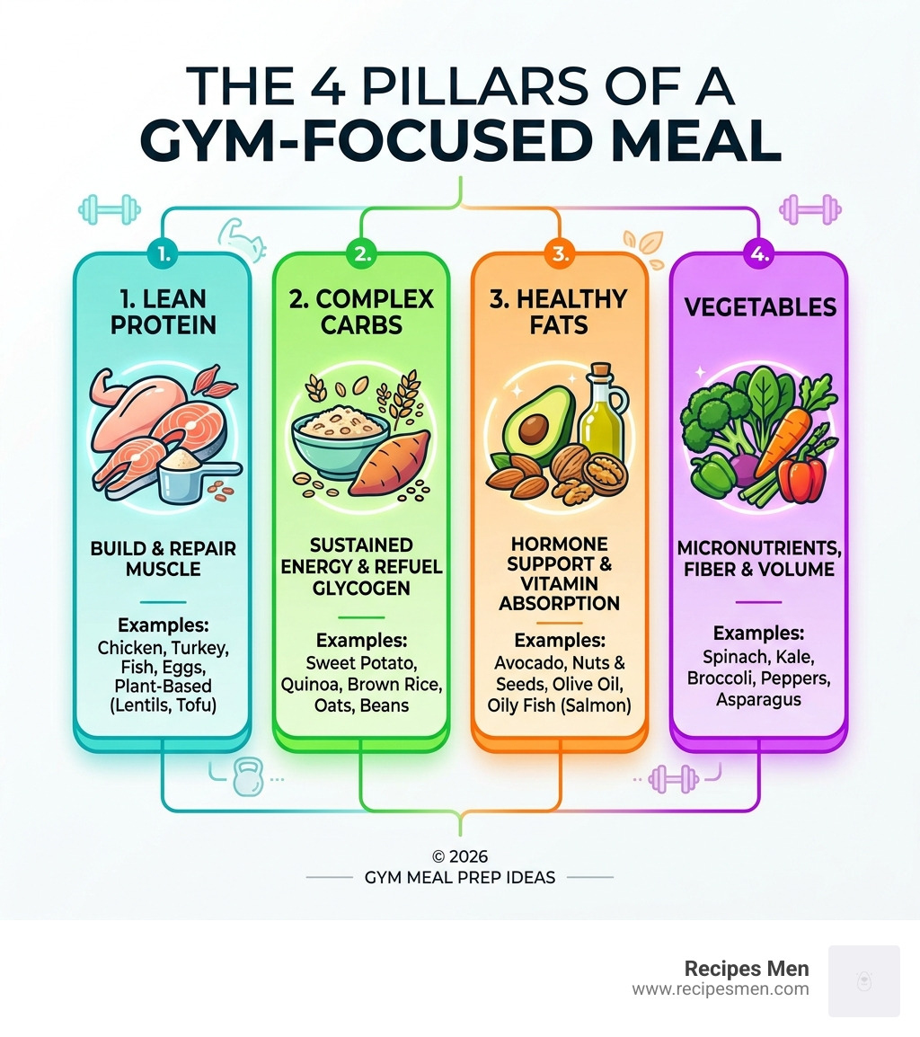 4 pillars of a gym-focused meal: protein, complex carbs, healthy fats, vegetables - gym meal prep ideas infographic 