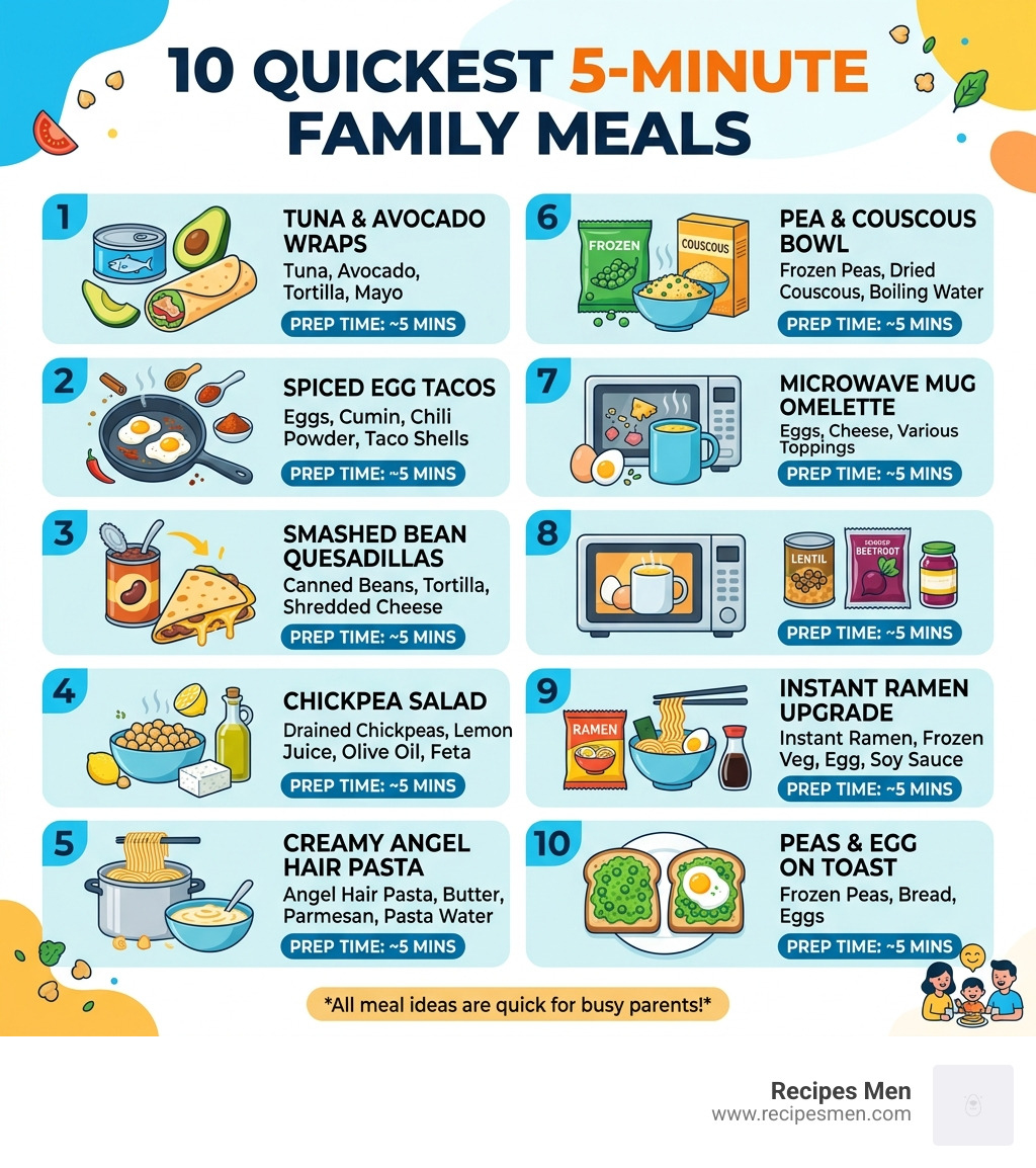 10 best 5-minute family meal ideas with prep time and key ingredients - 5-minute meals for family infographic 