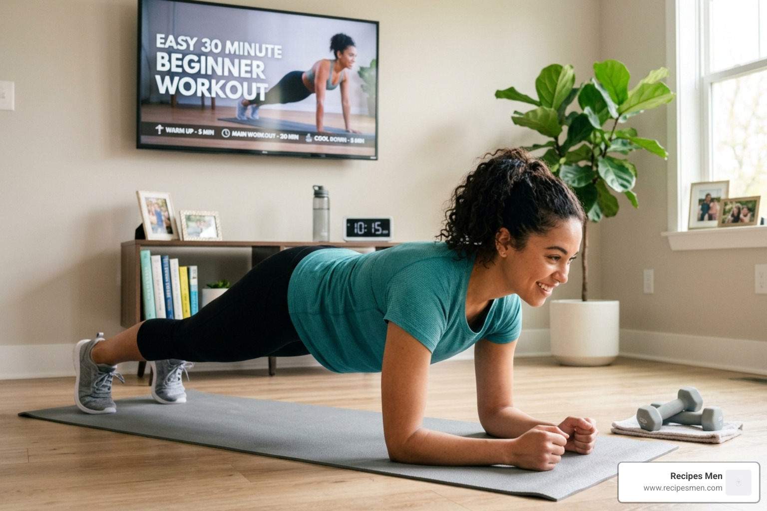 Proper squat form: back straight, chest up, knees over ankles, hips back - easy 30 minute workout for beginners