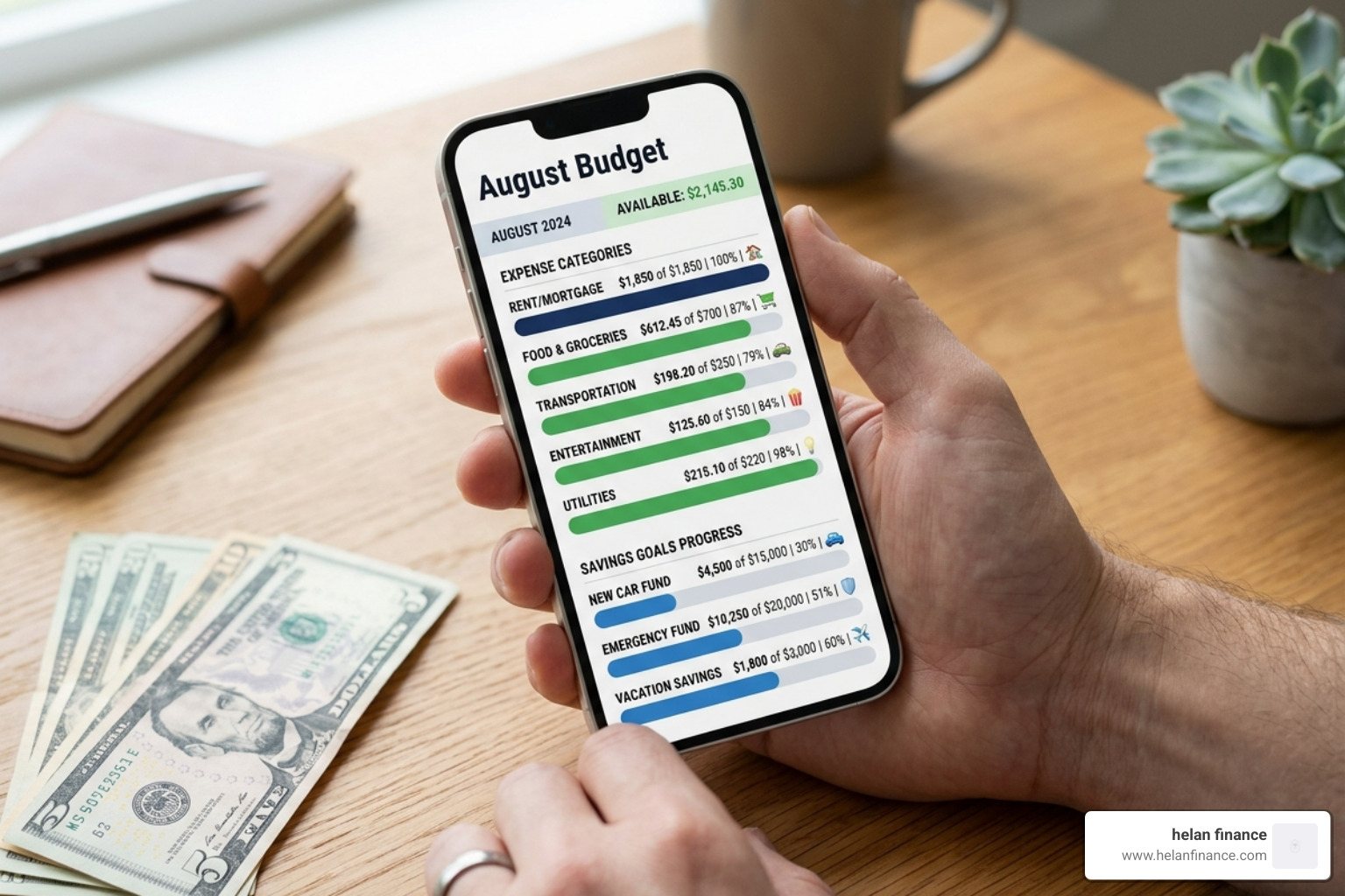 digital budgeting app showing expense categories and savings goals - end of year financial checklist