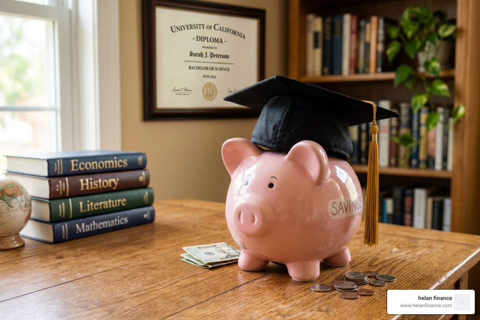 piggy bank wearing a graduation cap representing education savings - end of year financial checklist