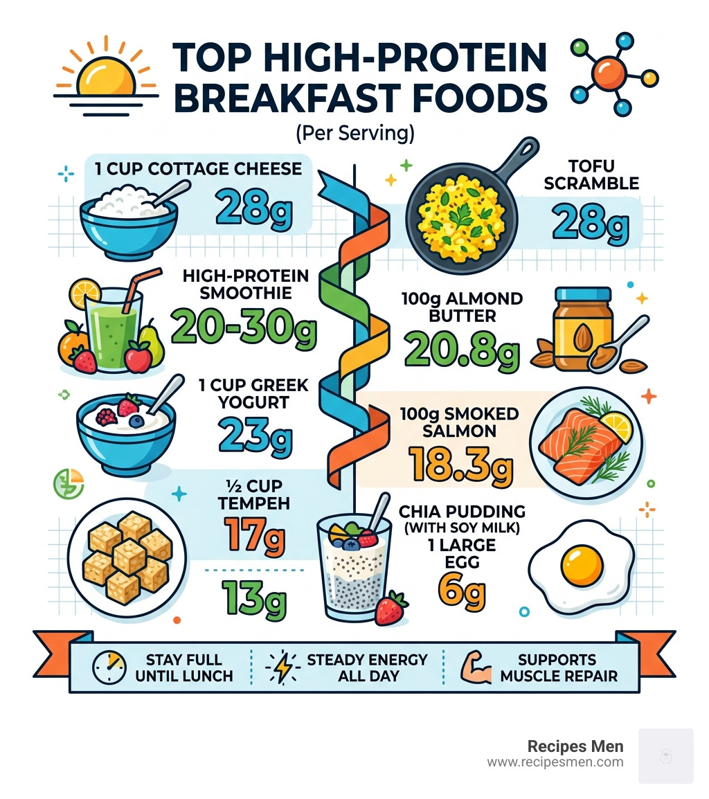 infographic showing top high-protein breakfast foods and their protein content per serving - breakfast foods high in protein