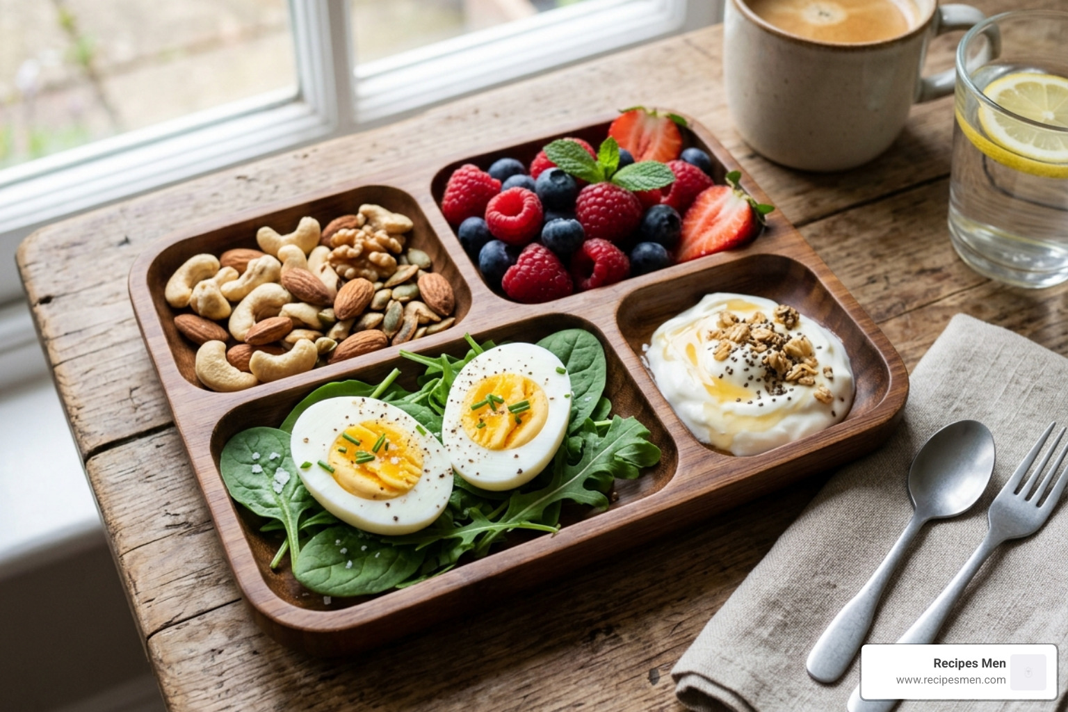 a bento-style breakfast plate with hard-boiled eggs nuts and fruit - breakfast foods high in protein