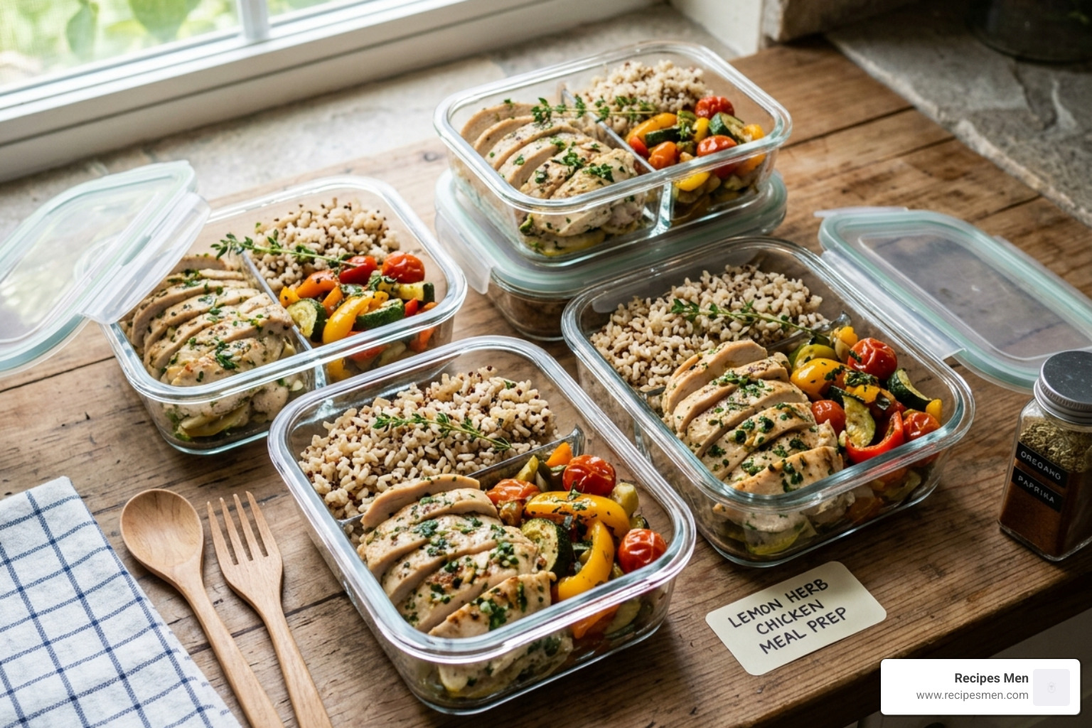 High-quality glass meal prep containers organized in a refrigerator - healthy meal prep chicken