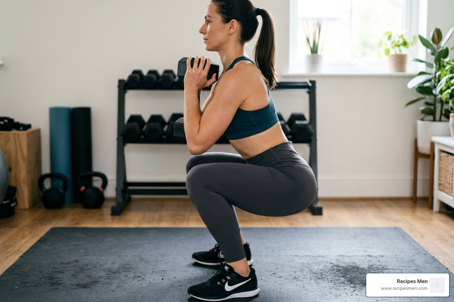 proper form guide for the dumbbell goblet squat showing hip hinge and depth - basic dumbbell exercises at home