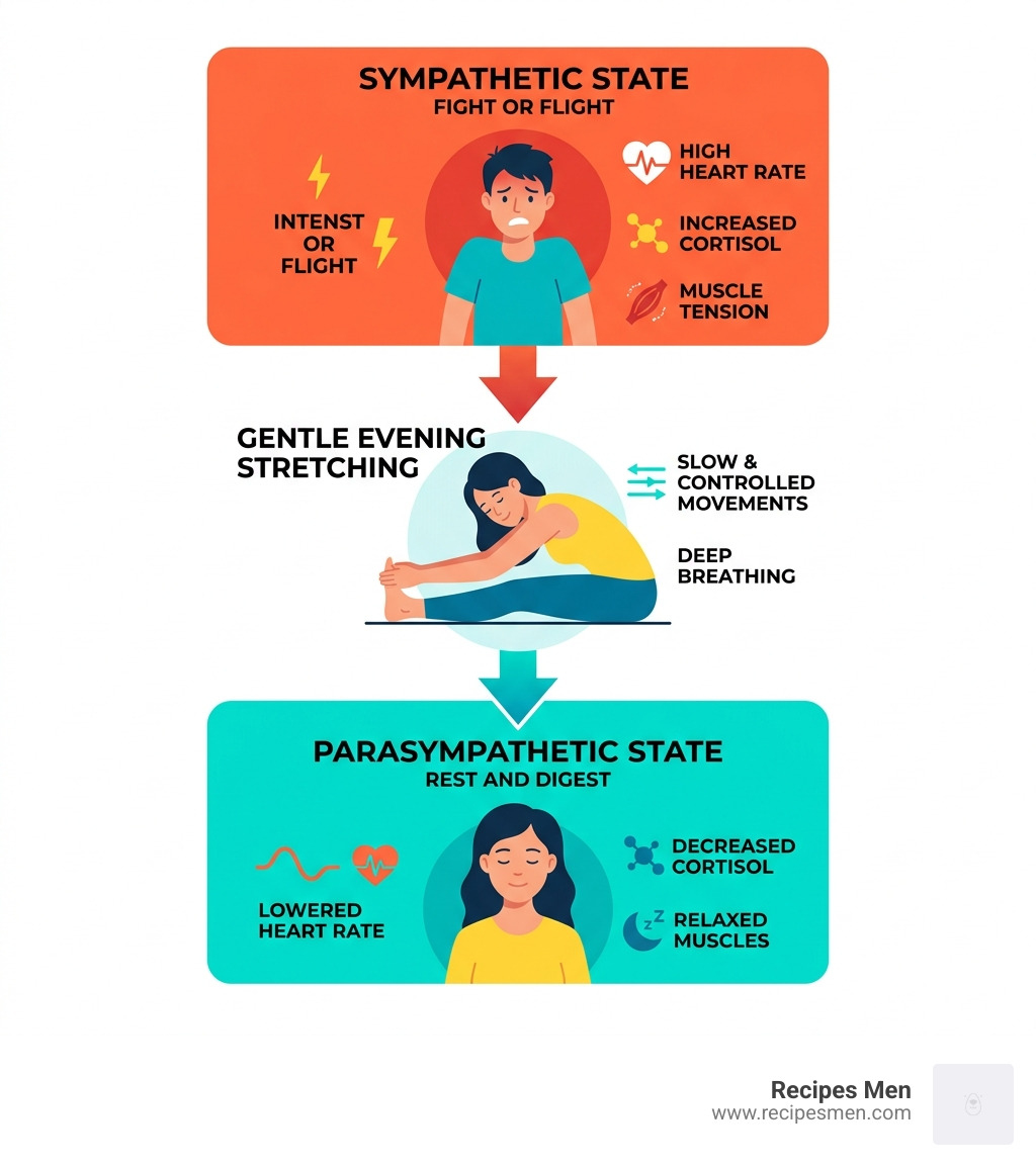 Infographic explaining the transition from Sympathetic (Fight or Flight) to Parasympathetic (Rest and Digest) via stretching