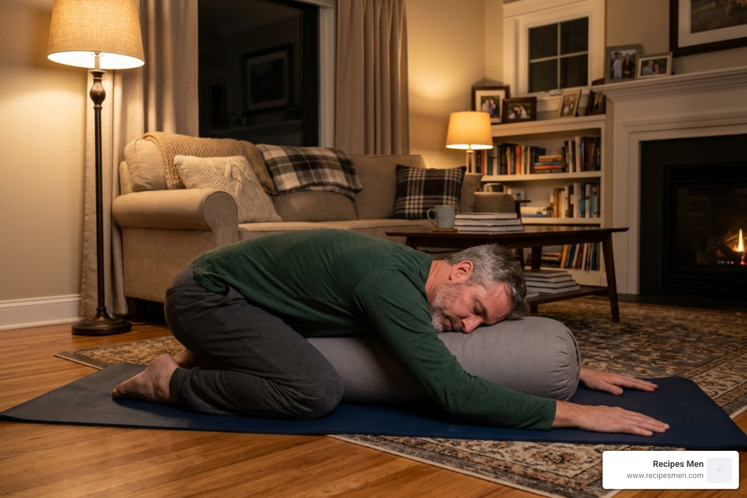 Man in Child's Pose using a pillow for support during evening routine - stretch routines evening calm