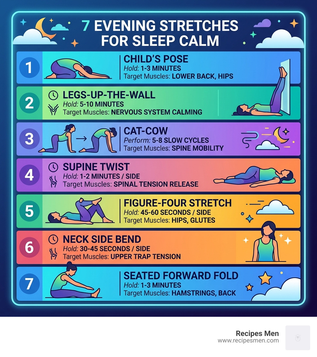 Infographic showing 7 evening stretches, hold times, and muscle targets for sleep calm - stretch routines evening calm